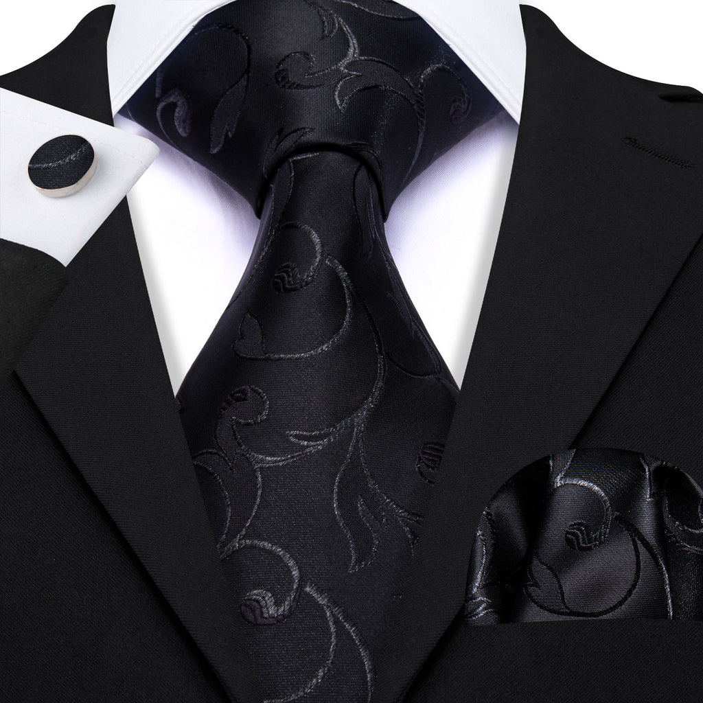 Black Floral Silk Tie, Pocket Square and Cufflinks Set tie sets    - Sophisticated Gentlemen