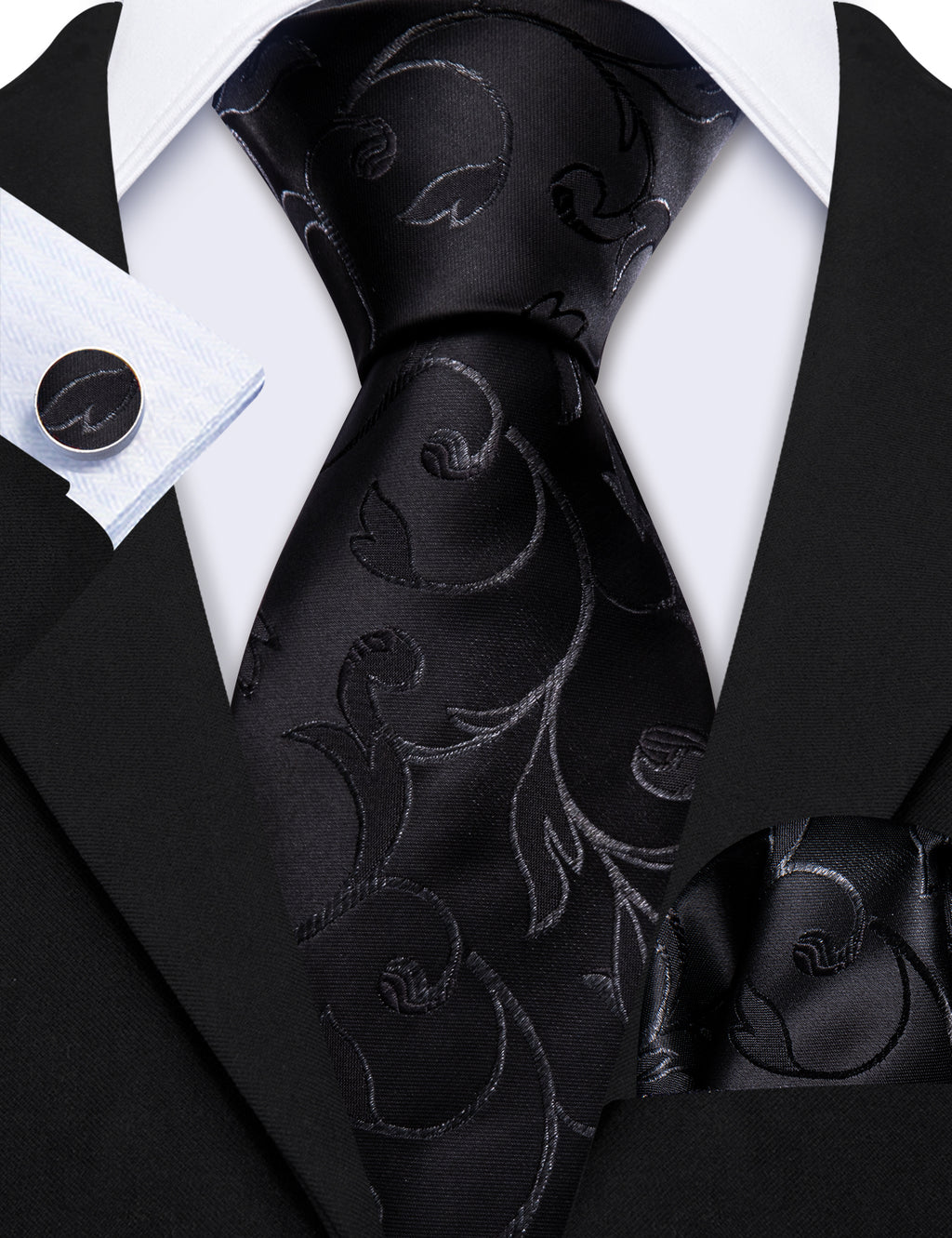 Black Floral Silk Tie, Pocket Square and Cufflinks Set tie sets    - Sophisticated Gentlemen