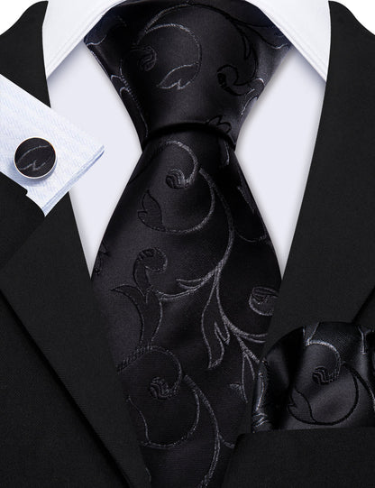Black Floral Silk Tie, Pocket Square and Cufflinks Set tie sets    - Sophisticated Gentlemen