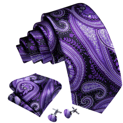 Purple White Paisley Silk Tie, Pocket Square and Cufflinks Set tie sets    - Sophisticated Gentlemen