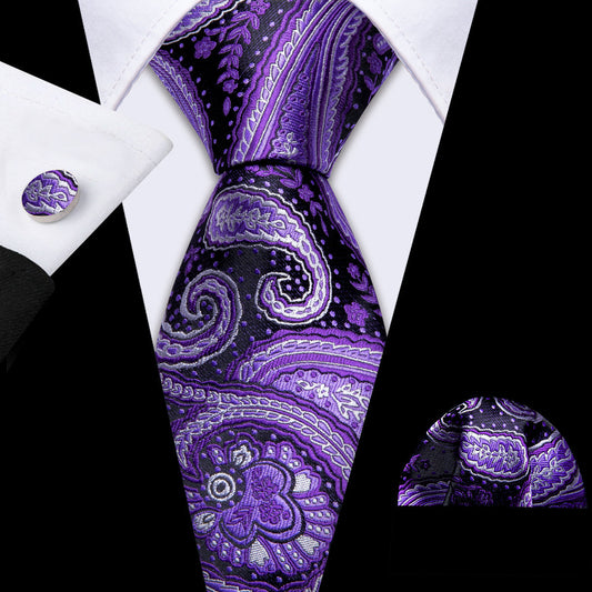Purple White Paisley Silk Tie, Pocket Square and Cufflinks Set tie sets    - Sophisticated Gentlemen