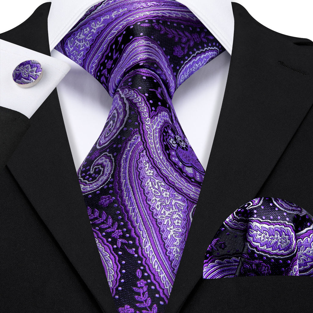 Purple White Paisley Silk Tie, Pocket Square and Cufflinks Set tie sets    - Sophisticated Gentlemen