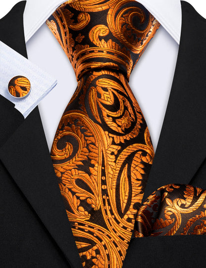 Brown Black Paisley Silk Tie, Pocket Square and Cufflinks Set tie sets    - Sophisticated Gentlemen