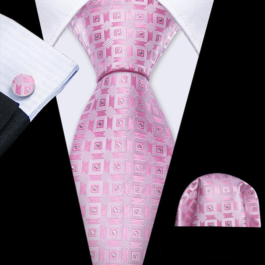 Pink Novetly Plaid Silk Tie, Pocket Square and Cufflinks Set tie sets    - Sophisticated Gentlemen