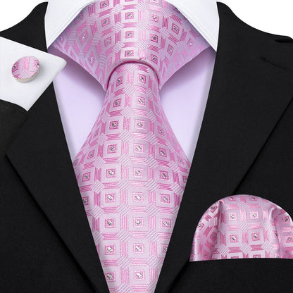 Pink Novetly Plaid Silk Tie, Pocket Square and Cufflinks Set tie sets    - Sophisticated Gentlemen