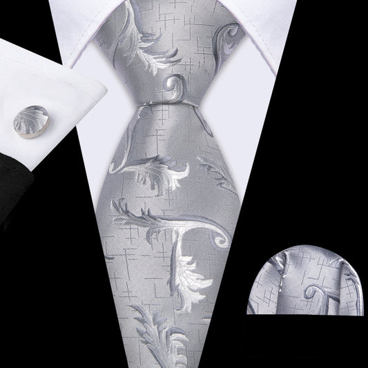 Gray White Floral Silk Tie, Pocket Square and Cufflinks Set tie sets    - Sophisticated Gentlemen