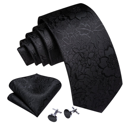 Black Floral Silk Tie, Pocket Square and Cufflinks Set tie sets    - Sophisticated Gentlemen