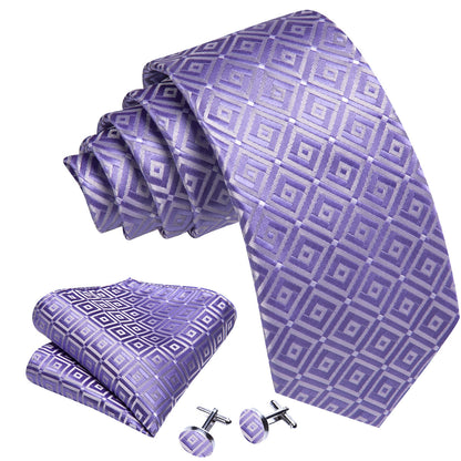 Purple White Plaid Silk Tie, Pocket Square and Cufflinks Set tie sets    - Sophisticated Gentlemen
