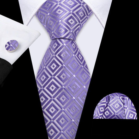Purple White Plaid Silk Tie, Pocket Square and Cufflinks Set tie sets    - Sophisticated Gentlemen