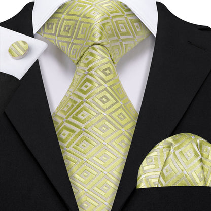 Yellow Green Novetly Plaid Silk Tie, Pocket Square and Cufflinks Set tie sets    - Sophisticated Gentlemen