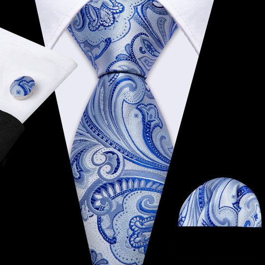 Light Blue Silver Paisley Silk Tie, Pocket Square and Cufflinks Set tie sets    - Sophisticated Gentlemen