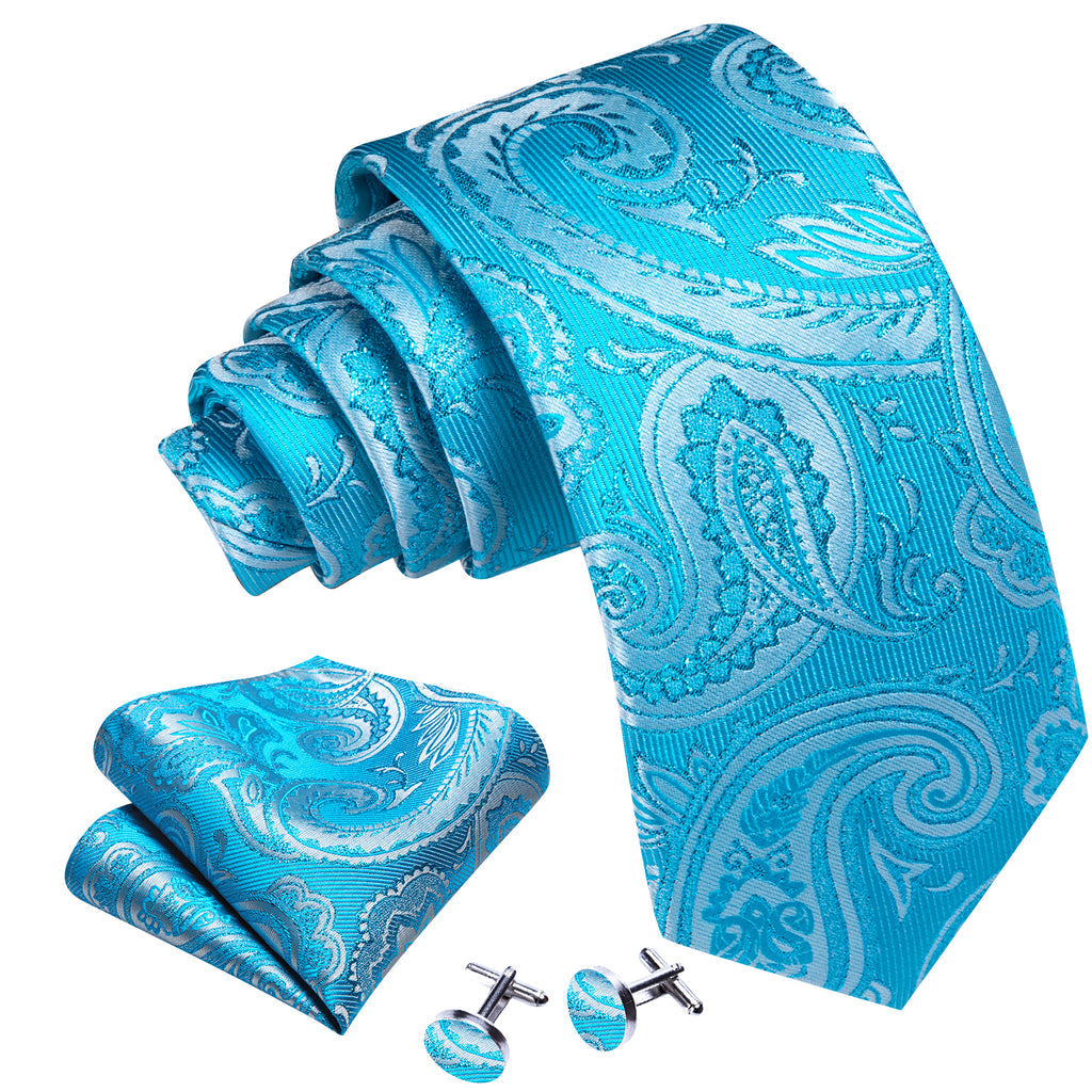 Sky Blue Paisley Silk Tie, Pocket Square and Cufflinks Set tie sets    - Sophisticated Gentlemen