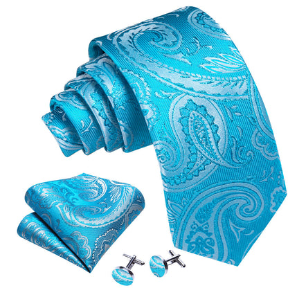 Sky Blue Paisley Silk Tie, Pocket Square and Cufflinks Set tie sets    - Sophisticated Gentlemen
