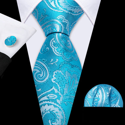 Sky Blue Paisley Silk Tie, Pocket Square and Cufflinks Set tie sets    - Sophisticated Gentlemen