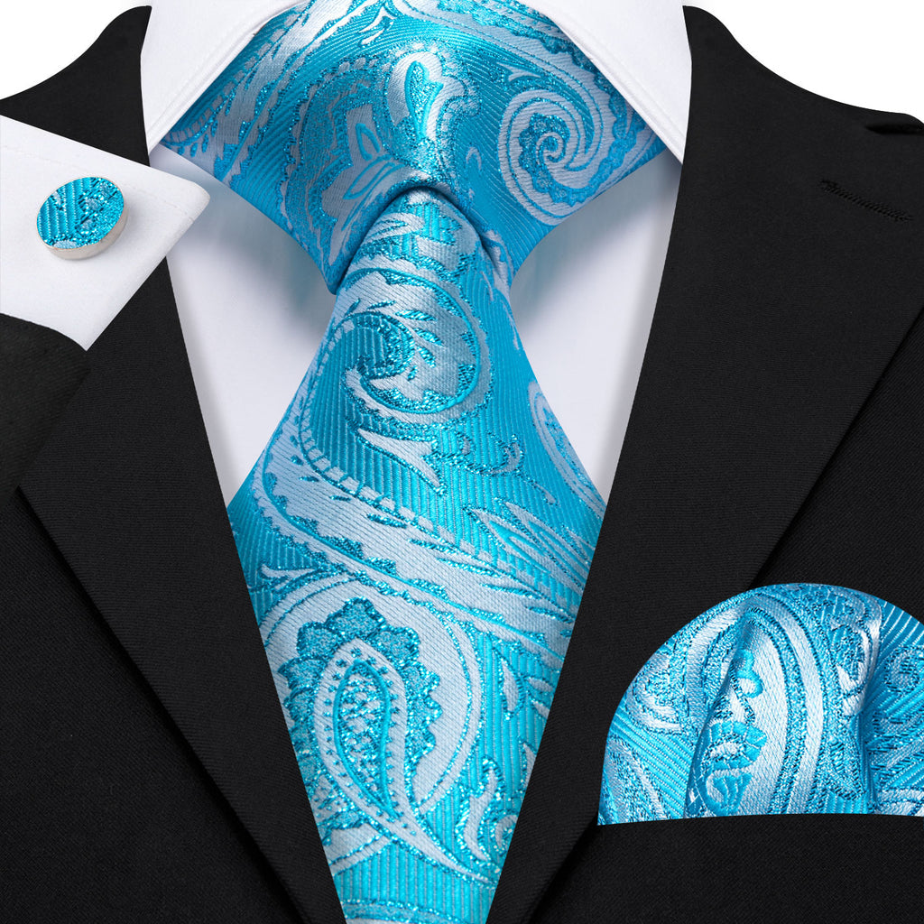 Sky Blue Paisley Silk Tie, Pocket Square and Cufflinks Set tie sets    - Sophisticated Gentlemen