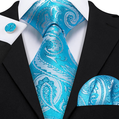 Sky Blue Paisley Silk Tie, Pocket Square and Cufflinks Set tie sets    - Sophisticated Gentlemen