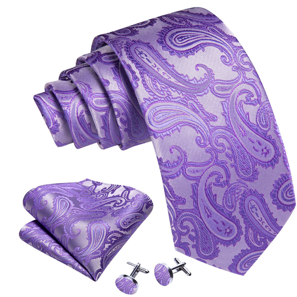Lavender Purple Silver Paisley Tie, Pocket Square and Cufflinks Set tie sets    - Sophisticated Gentlemen