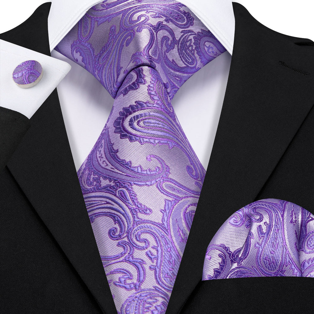Lavender Purple Silver Paisley Tie, Pocket Square and Cufflinks Set tie sets    - Sophisticated Gentlemen
