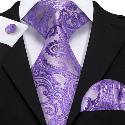 Lavender Purple Silver Paisley Tie, Pocket Square and Cufflinks Set tie sets    - Sophisticated Gentlemen