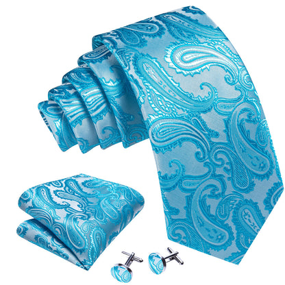 Pale Blue Silver Paisley Silk Tie, Pocket Square and Cufflinks Set tie sets    - Sophisticated Gentlemen