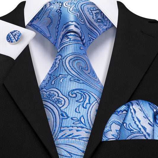 Light Blue Paisley Tie, Pocket Square and Cufflinks tie sets Standard packaging   - Sophisticated Gentlemen