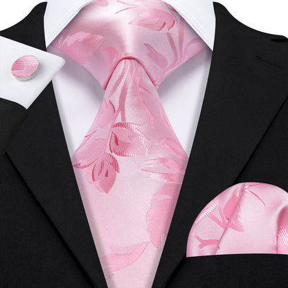 Pink Leaf Floral Silk Tie, Pocket Square and Cufflinks Set tie sets    - Sophisticated Gentlemen