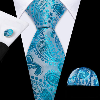 Sky Blue Beautiful Paisley Tie, Pocket Square and Cufflinks Set tie sets    - Sophisticated Gentlemen