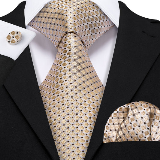 Brown Geometric Silk Tie, Pocket Square and Cufflinks tie sets Standard packaging   - Sophisticated Gentlemen