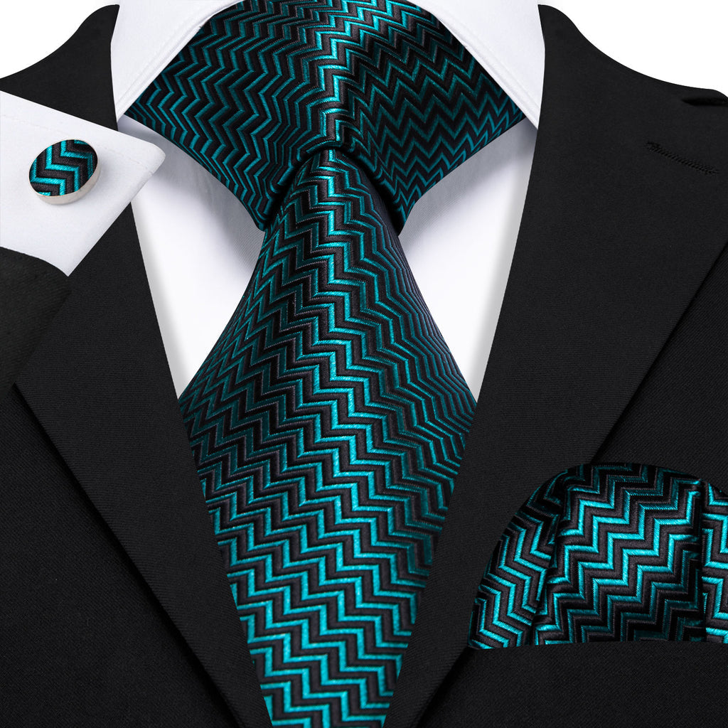 Teal Blue Black Ripple Silk Tie, Pocket Square and Cufflinks Set tie sets    - Sophisticated Gentlemen