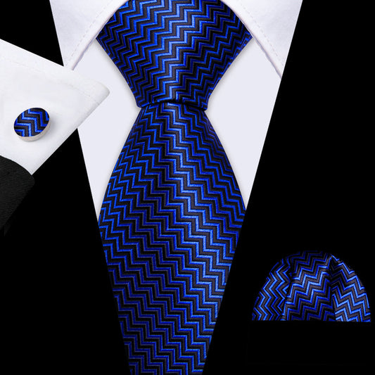 Cobalt Blue Black Ripple Silk Tie, Pocket Square and Cufflinks Set tie sets    - Sophisticated Gentlemen