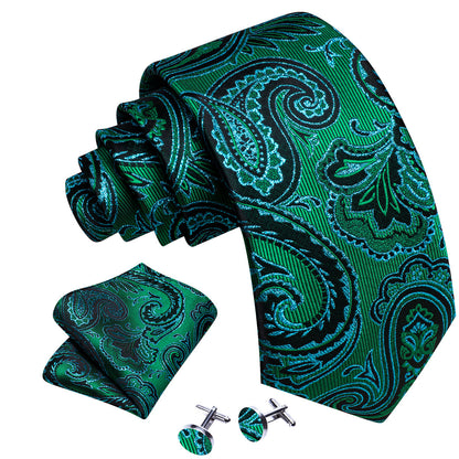 Blue Green Paisley Silk Tie, Pocket Square and Cufflinks Set tie sets    - Sophisticated Gentlemen