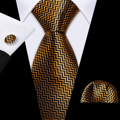 Gold Black Geometric Tie, Pocket Square and Cufflinks Set tie sets    - Sophisticated Gentlemen