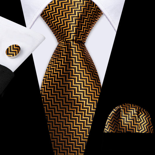 Gold Black Geometric Tie, Pocket Square and Cufflinks Set tie sets    - Sophisticated Gentlemen
