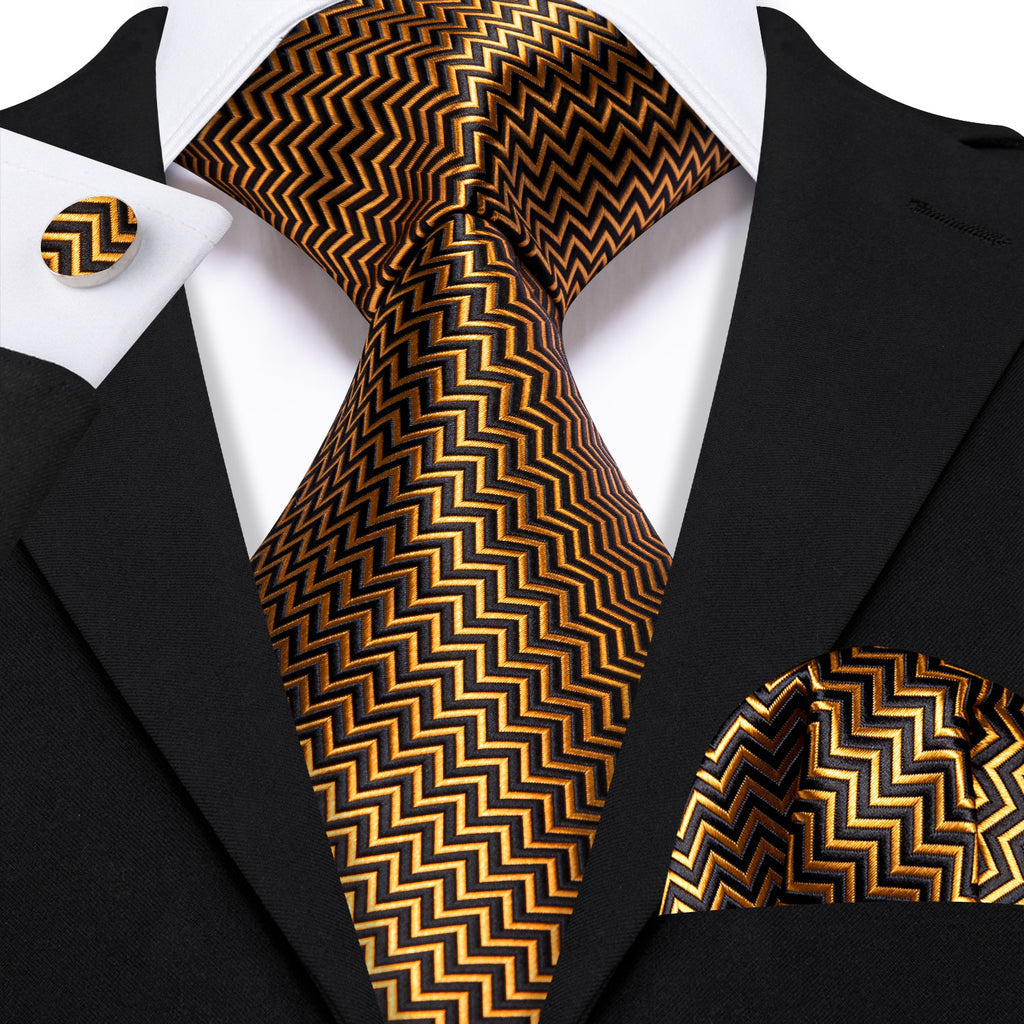 Gold Black Geometric Tie, Pocket Square and Cufflinks Set tie sets    - Sophisticated Gentlemen