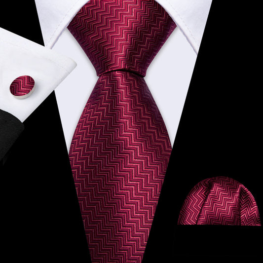 Dark Red Ripple Silk Tie, Pocket Square and Cufflinks Set tie sets    - Sophisticated Gentlemen