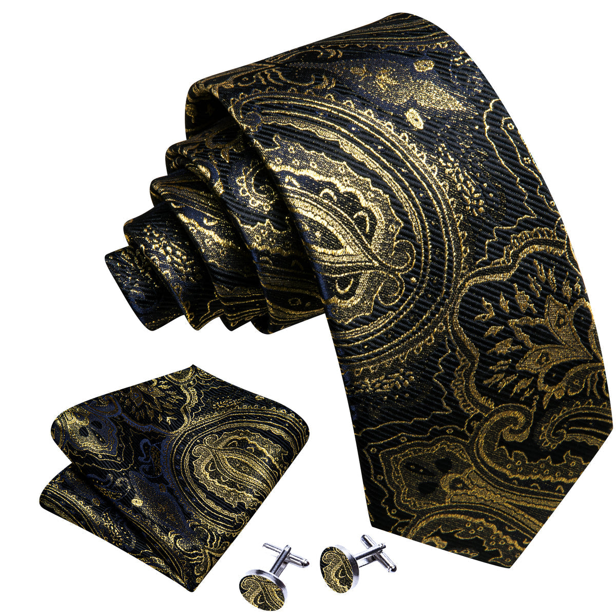 Black Gold Paisley Silk Tie, Pocket Square and Cufflinks Set tie sets    - Sophisticated Gentlemen