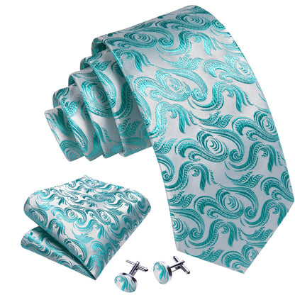 Teal Blue White Floral Silk Tie, Pocket Square and Cufflinks Set tie sets    - Sophisticated Gentlemen