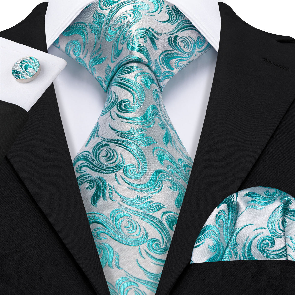 Teal Blue White Floral Silk Tie, Pocket Square and Cufflinks Set tie sets    - Sophisticated Gentlemen