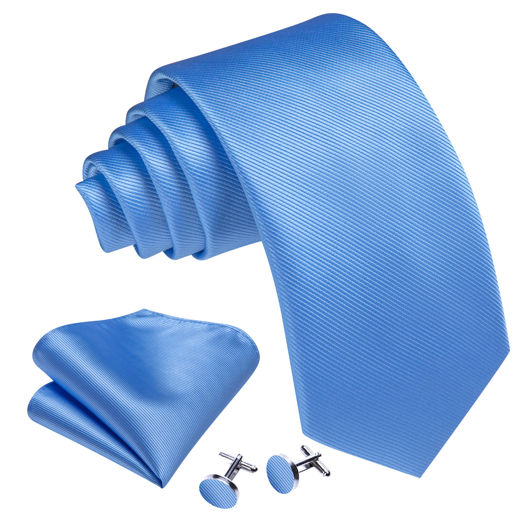 Sky Blue Solid Silk Tie, Pocket Square and Cufflinks Set tie sets    - Sophisticated Gentlemen