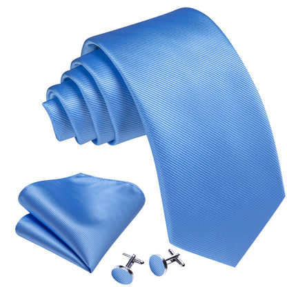 Sky Blue Solid Silk Tie, Pocket Square and Cufflinks Set tie sets    - Sophisticated Gentlemen