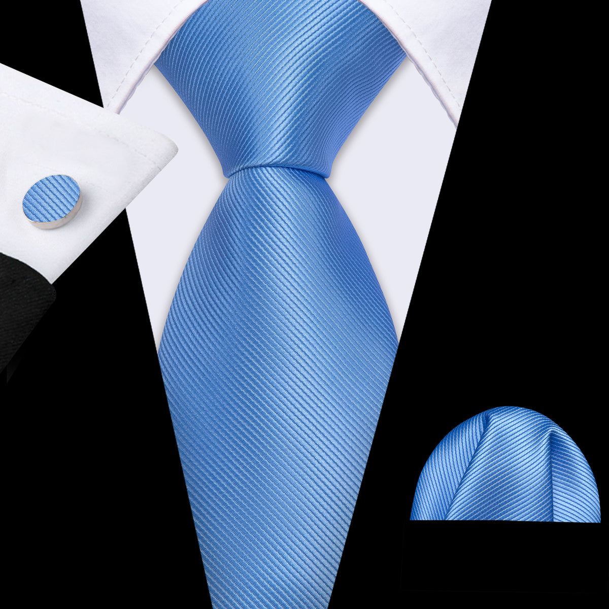 Sky Blue Solid Silk Tie, Pocket Square and Cufflinks Set tie sets    - Sophisticated Gentlemen