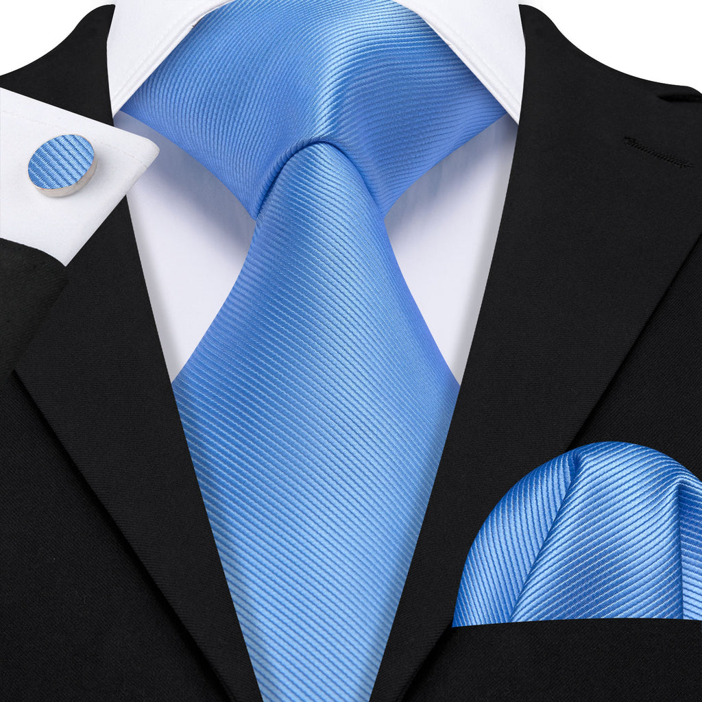 Sky Blue Solid Silk Tie, Pocket Square and Cufflinks Set tie sets    - Sophisticated Gentlemen
