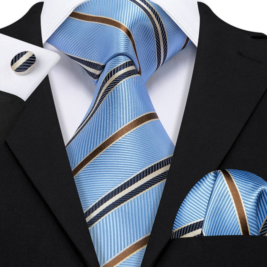 Blue, Brown and Black Striped Tie, Pocket Square and Cufflinks tie sets Standard packaging   - Sophisticated Gentlemen