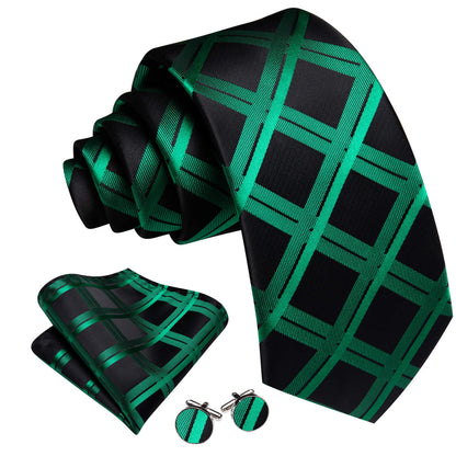 Black Emerald Green Plaid Silk Tie, Pocket Square and Cufflinks Set tie sets    - Sophisticated Gentlemen