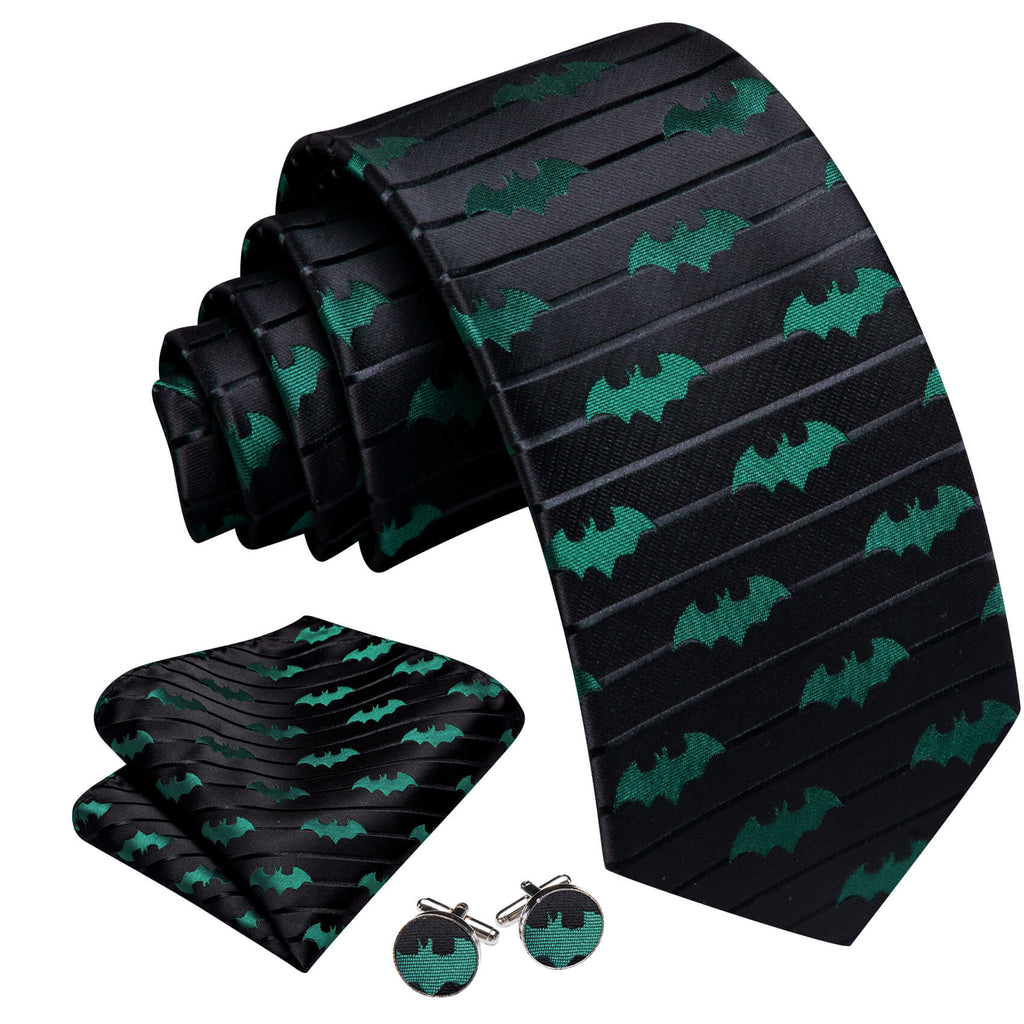 Black Green Novelty Bat Silk Tie, Pocket Square and Cufflinks Set tie sets    - Sophisticated Gentlemen