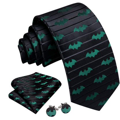 Black Green Novelty Bat Silk Tie, Pocket Square and Cufflinks Set tie sets    - Sophisticated Gentlemen