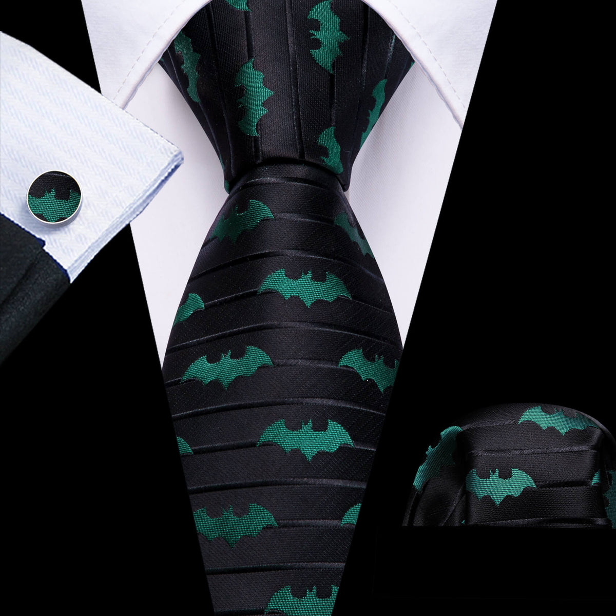 Black Green Novelty Bat Silk Tie, Pocket Square and Cufflinks Set tie sets    - Sophisticated Gentlemen