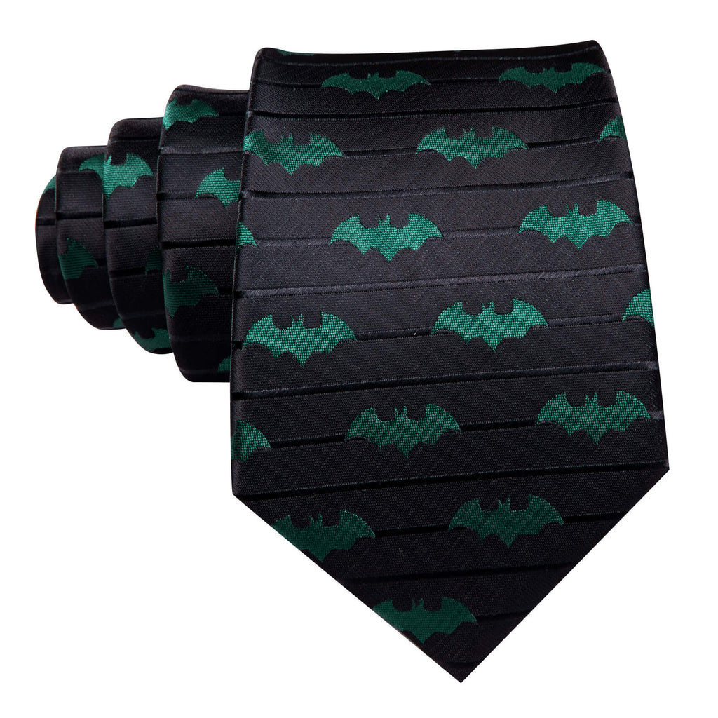 Black Green Novelty Bat Silk Tie, Pocket Square and Cufflinks Set tie sets    - Sophisticated Gentlemen