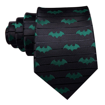 Black Green Novelty Bat Silk Tie, Pocket Square and Cufflinks Set tie sets    - Sophisticated Gentlemen