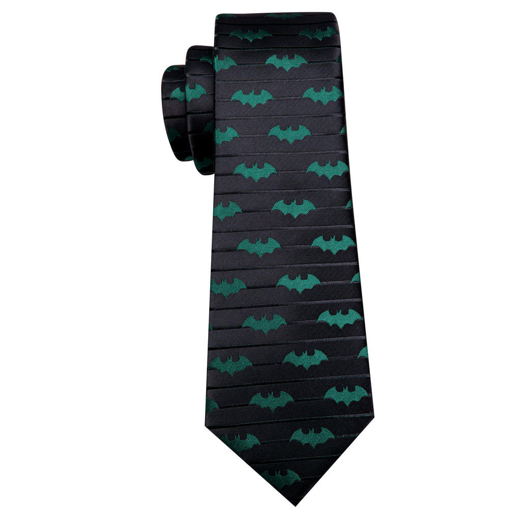 Black Green Novelty Bat Silk Tie, Pocket Square and Cufflinks Set tie sets    - Sophisticated Gentlemen
